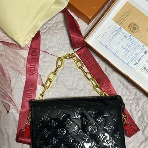 Louis Vuitton Black Patent Crossbody with Red Strap